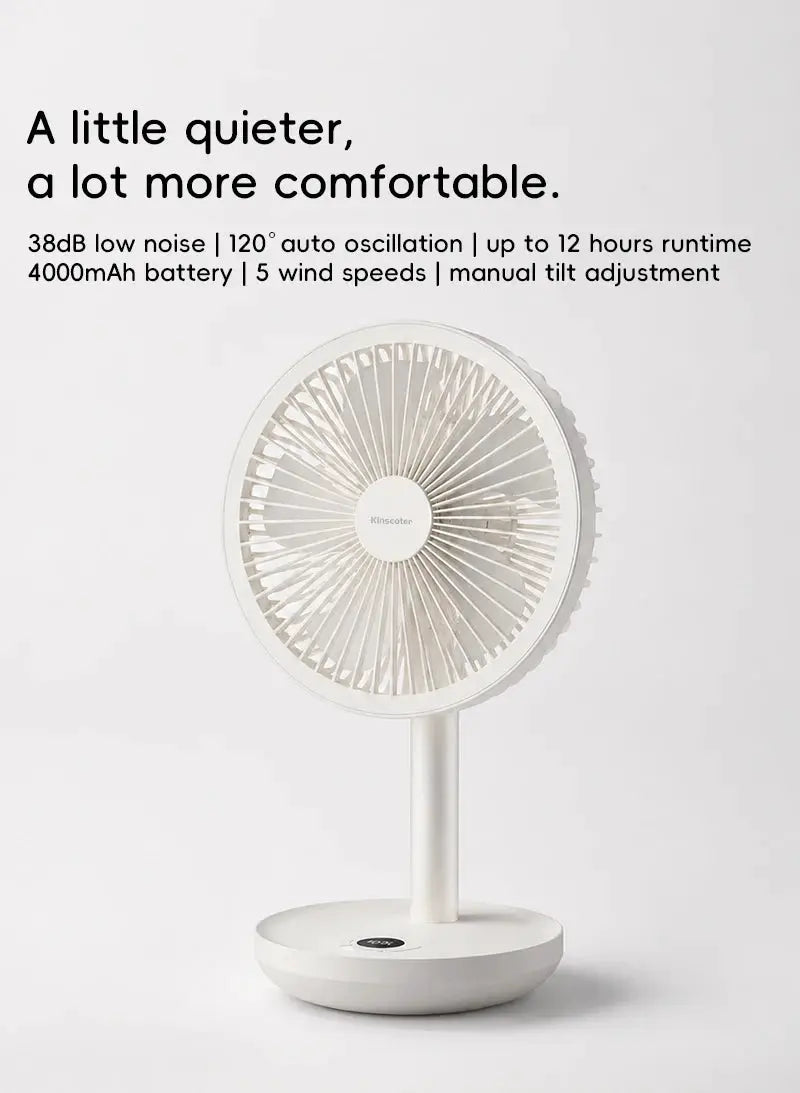 Kinscoter smart oscillating desk fan on a white stand, USB rechargeable with 5 speeds.