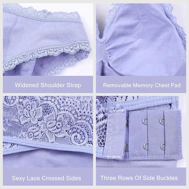 Lavender lace cross-side-buckle sports bra; wide straps, removable chest pad, lace sides, three-row side buckles.