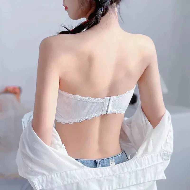 Lace strapless white bra with back hook closure and delicate lace trim