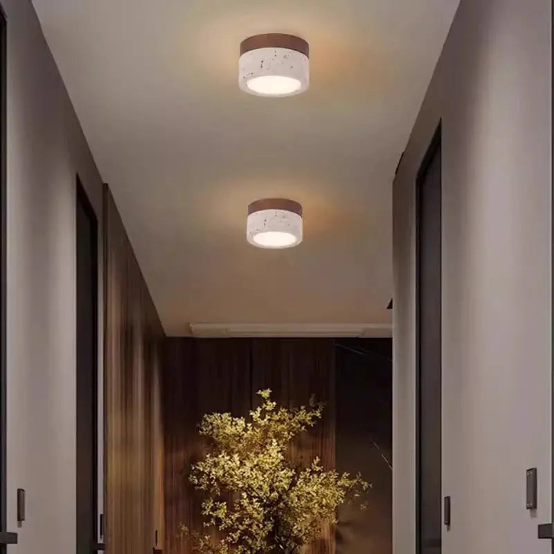 Japanese Wabi Sabi Stone LED ceiling light, cream shade with wood accent, hallway downlights 2-pack