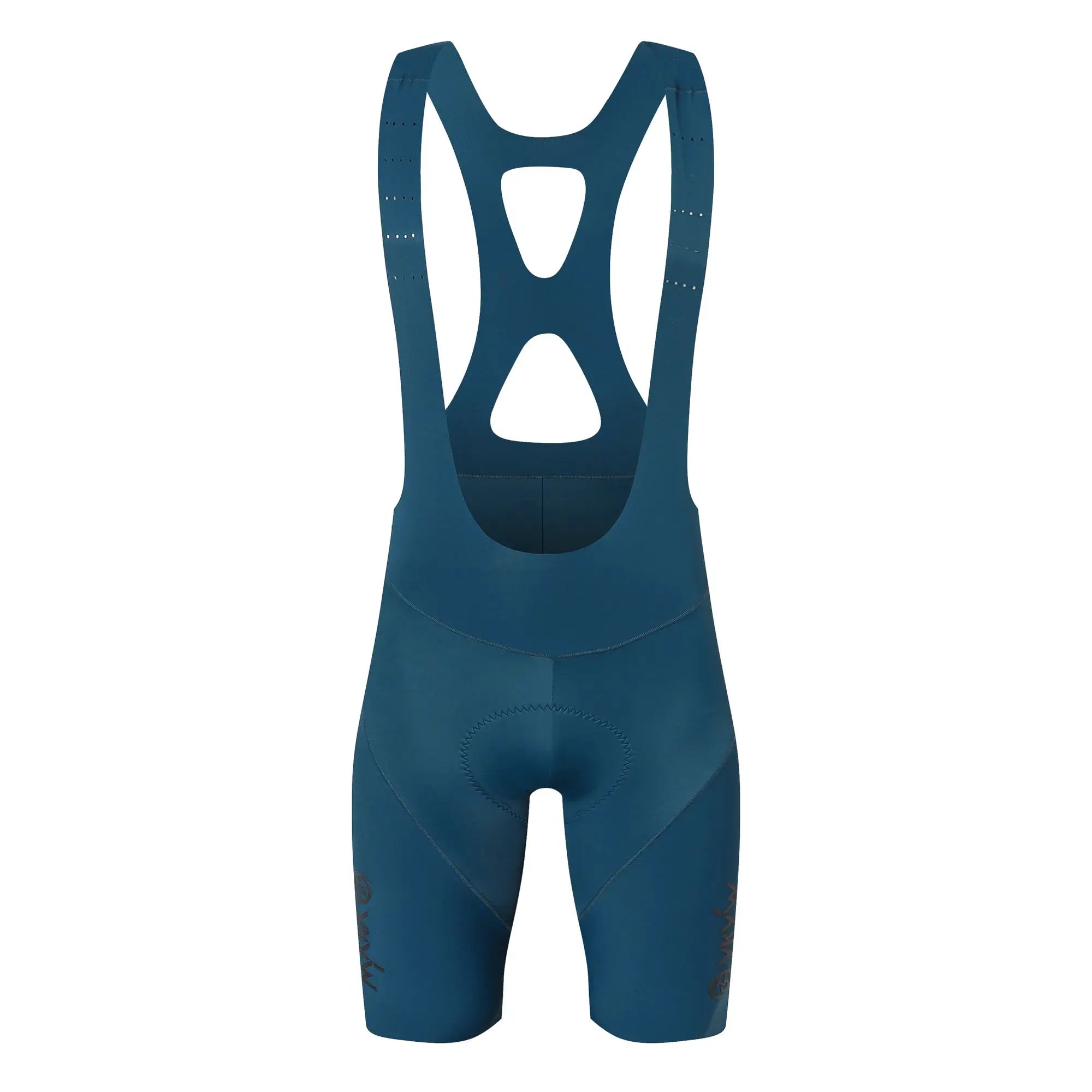 Men's cycling bib shorts in blue with hollow back design and shoulder straps