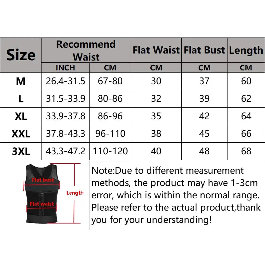 Men's black body shaper compression vest; abdomen shapewear and waist trainer tops, shown with size chart