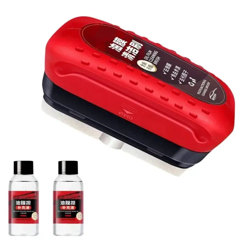 3-piece car glass cleaner kit with red handheld sponge brush and two Simples Market bottles