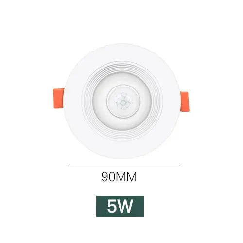 PIR motion sensor LED downlight, 5W white round recessed ceiling light with orange mounting clips by Simples Market
