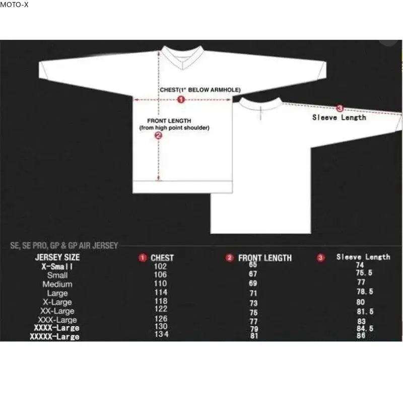 Motocross jersey sizing chart (white) by Simples Market showing chest, front length and sleeve length.