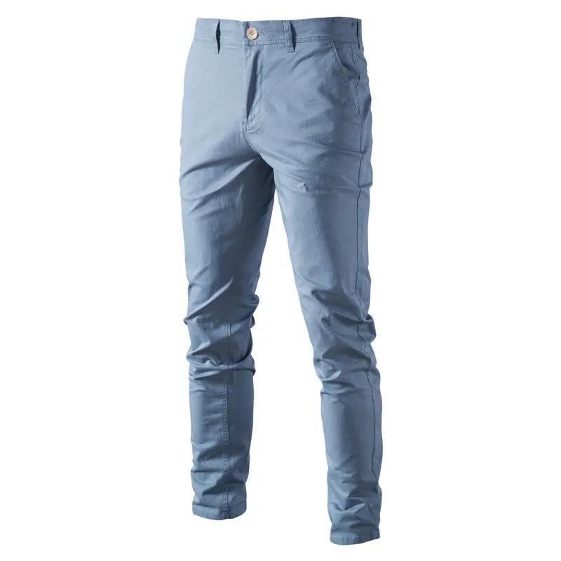 AIOPESON men's casual cotton trousers, slim-fit, light blue solid color.