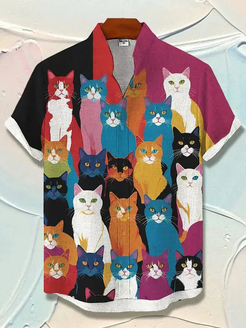 Men's cat-graphic button-down Hawaiian shirt with short sleeves in multicolor cat print, Simples Market