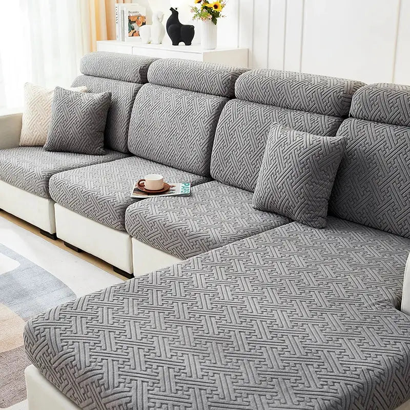 Sofa slipcovers in grey jacquard for sectional with chaise; stretchy protective furniture cover