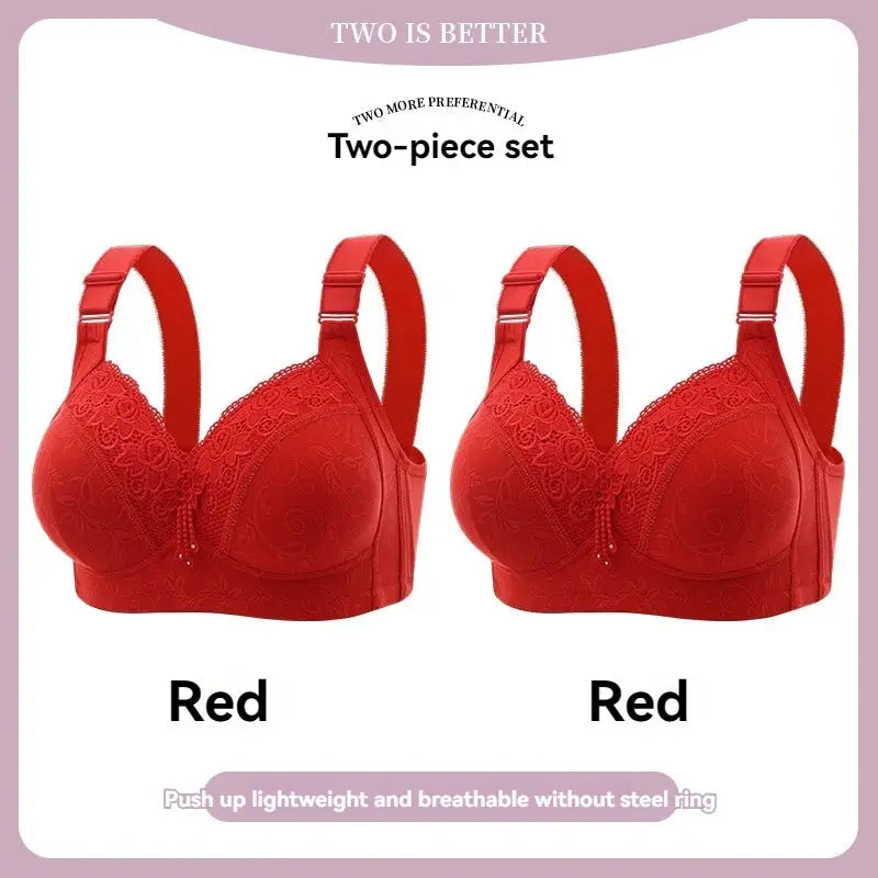 Two-piece red lace bra set for women; deep-V cups with adjustable straps