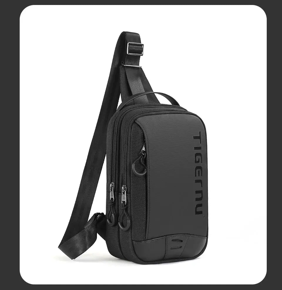Tigernu chest bag for men, black compact crossbody with multiple zippers and adjustable strap