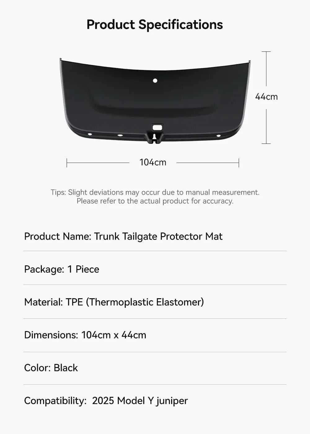Rear trunk mat for Tesla Model Y Juniper 2025–2026, black TPE anti-dirt protector, 104cm x 44cm, Simples Market