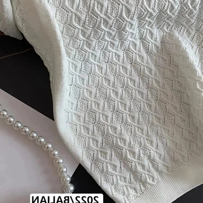Ice Silk Polo Shirt Women Knitted Short Sleeve Jacquard Top Breathable