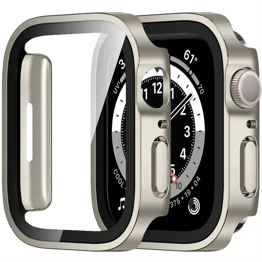 Simples Market Apple Watch bumper case with tempered glass screen protector, gold frame, fits 40–46mm Series 4–9 SE