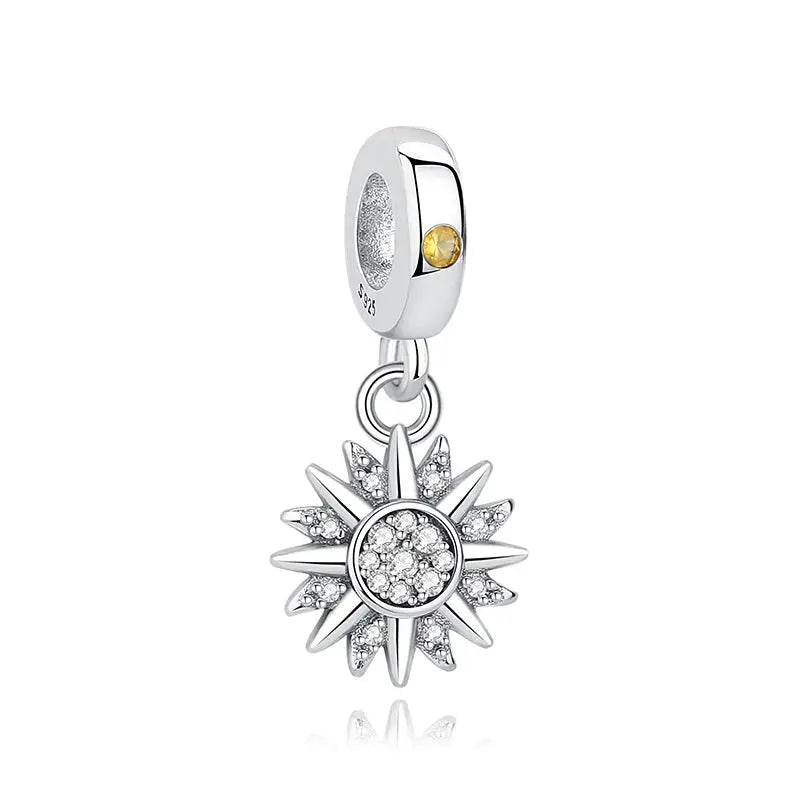 Sterling silver sun star charm pendant with zircon crystals for bracelets