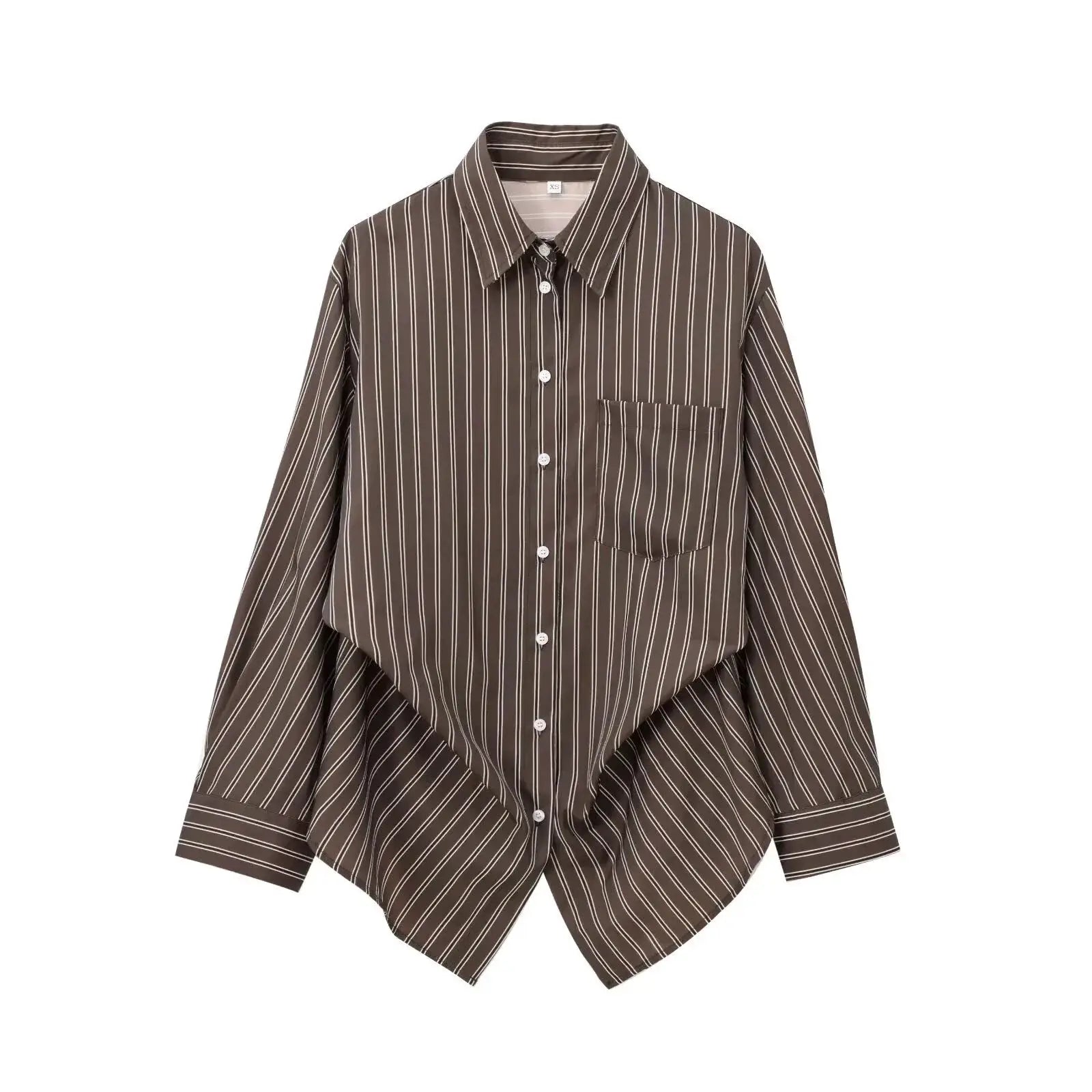 Women's brown striped button-down blouse with turn-down collar, long sleeves and front pocket