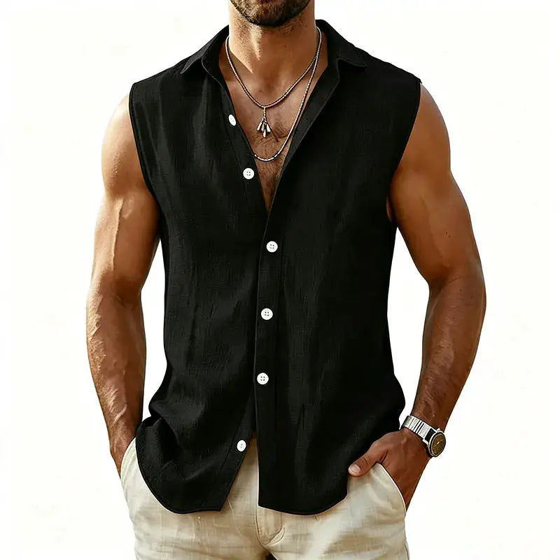 Simples Market men's sleeveless cotton-linen shirt, black, button-up with turn-down collar