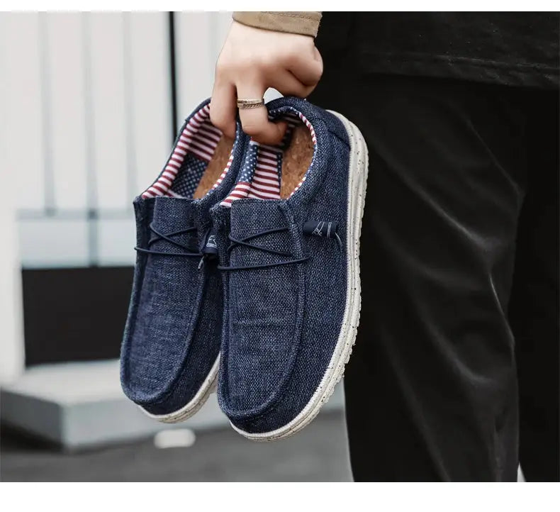 Simples Market men's blue denim canvas loafers with striped lining and vulcanized sole