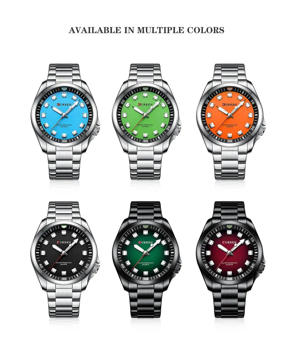 Curren 8451 men's stainless steel wristwatch set; 6 watches in blue, green, orange, black and burgundy
