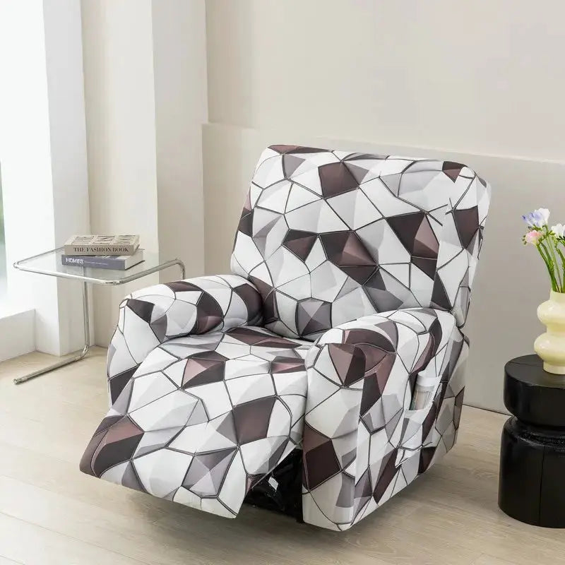 Recliner chair cover in geometric gray, white and brown pattern; stretch fabric for kids and pets.