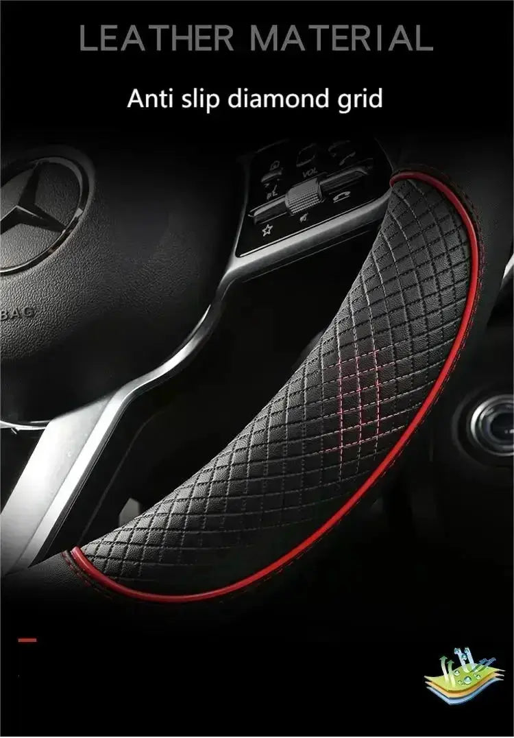 Steering wheel cover microfiber leather, black with red diamond-stitch grid, 38cm, Simples Market