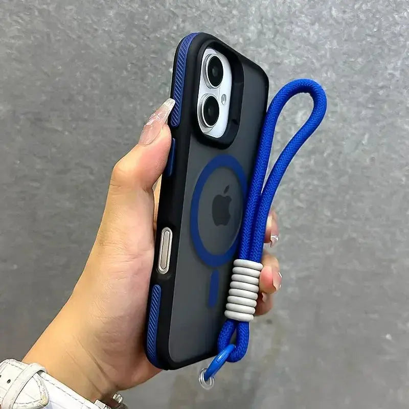 Simples Market MagSafe wrist strap case for iPhone with blue lanyard and matte black shockproof cover