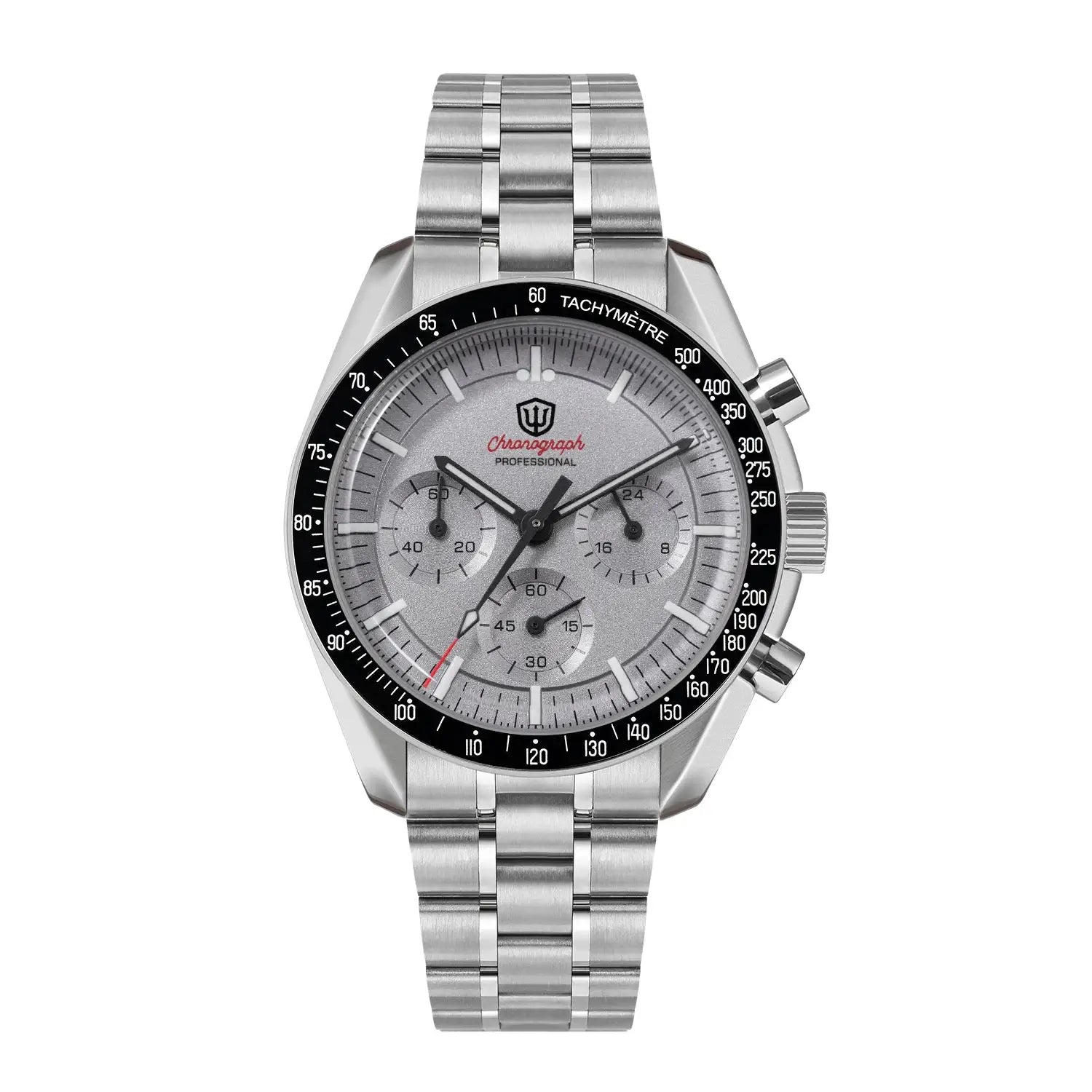 Chronograph men's watch with stainless steel band, 39mm case, silver dial, and black tachymeter bezel.