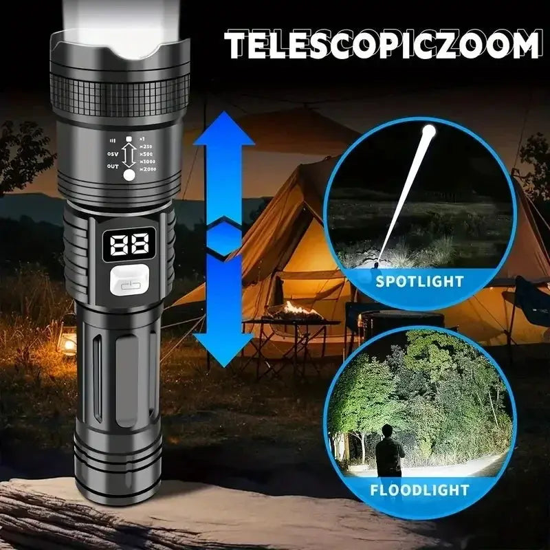 100000LM LED flashlight by Simples Market, rechargeable outdoor tactical torch with spotlight and floodlight