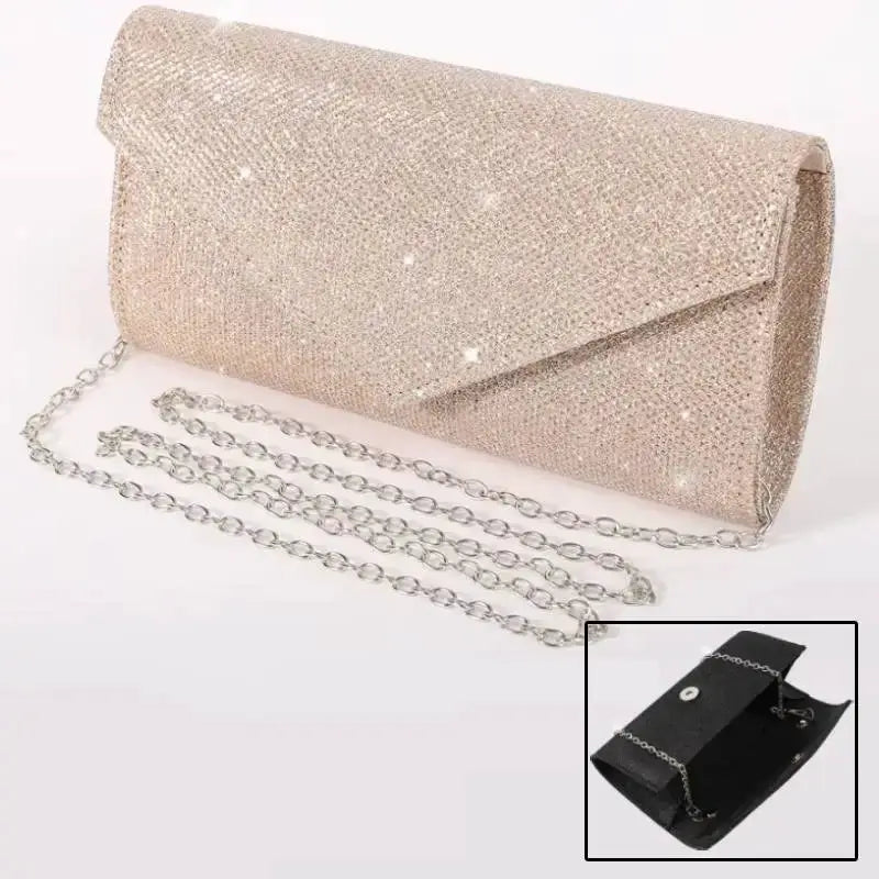 Women glitter envelope evening bag by Simples Market, silver with chain shoulder strap