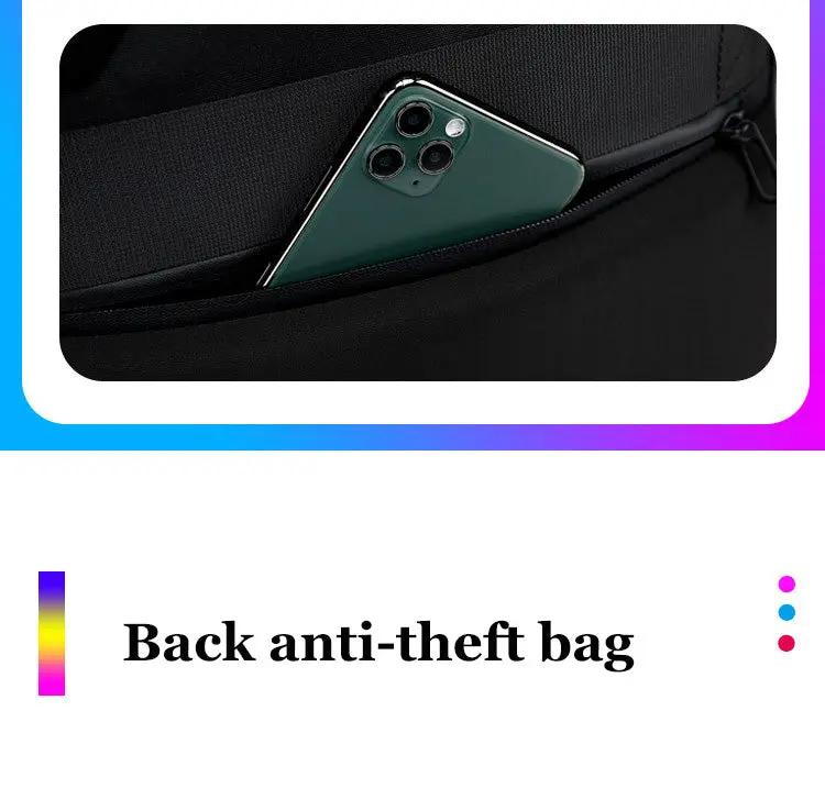 LED display backpack in black with front zip pocket holding a smartphone