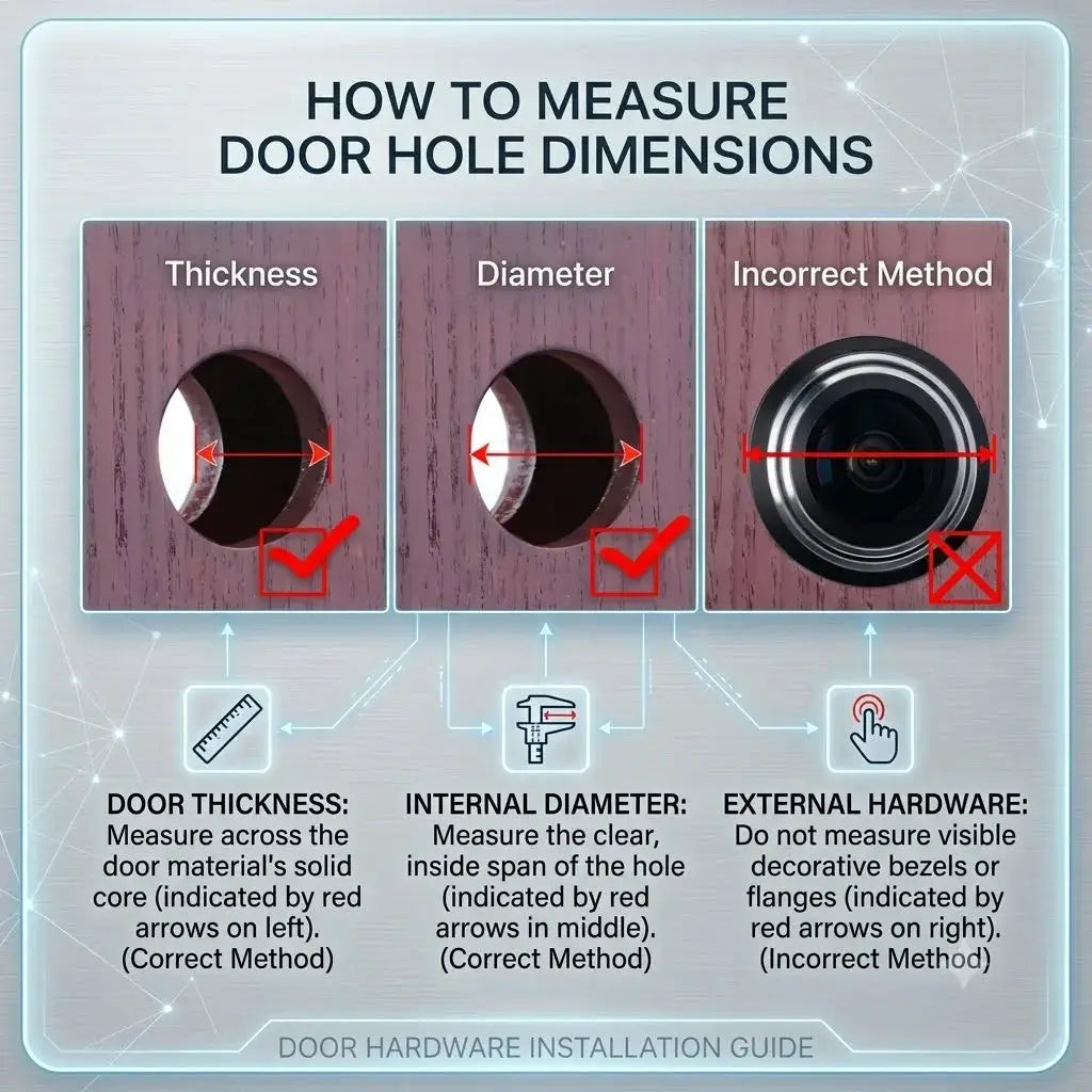 Simples Market 3MP 2K WiFi video door viewer installation guide showing door hole thickness and diameter measurements