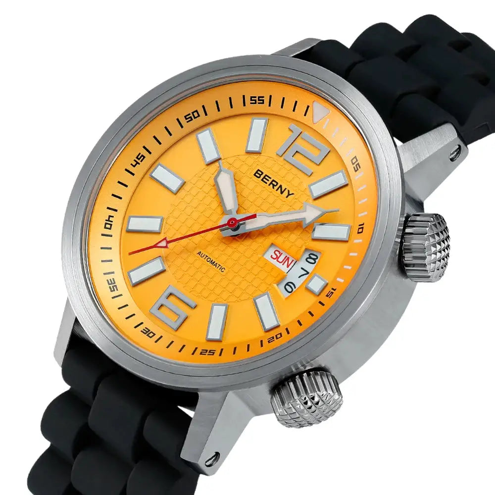 BERNY diver watch for men with orange dial, stainless steel case, black silicone strap, automatic