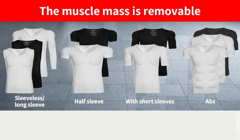 3D fake muscle shirts set from Simples Market with removable chest padding; white/black variants, 8 pieces