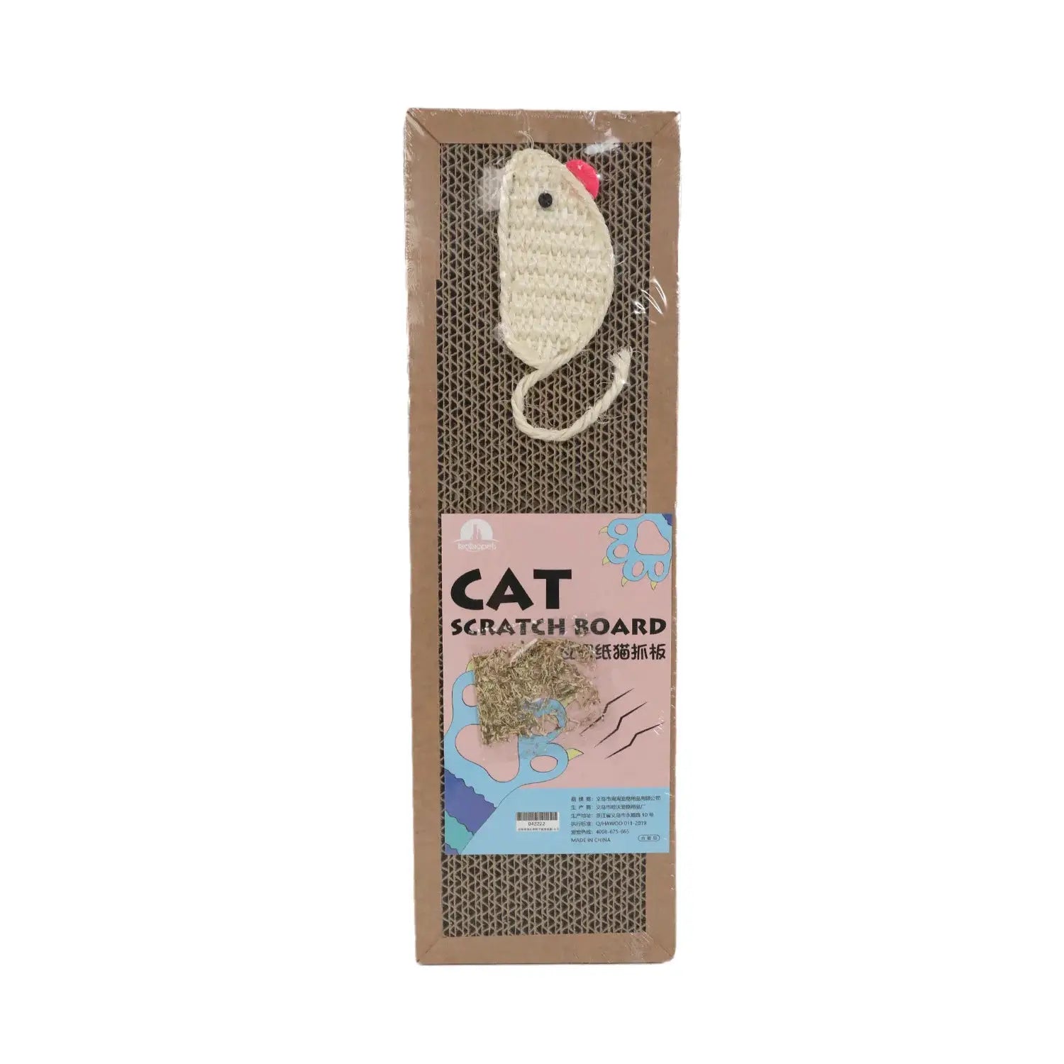 Cat scratch board with oval natural corrugated surface and hanging rope toy, packaged by Simples Market