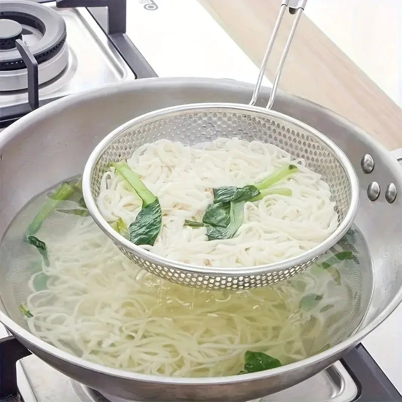 CulinaCraft Stainless Steel Colander With Wooden Handle Fine Mesh Strainer For Pasta Noodles Grease Filtration