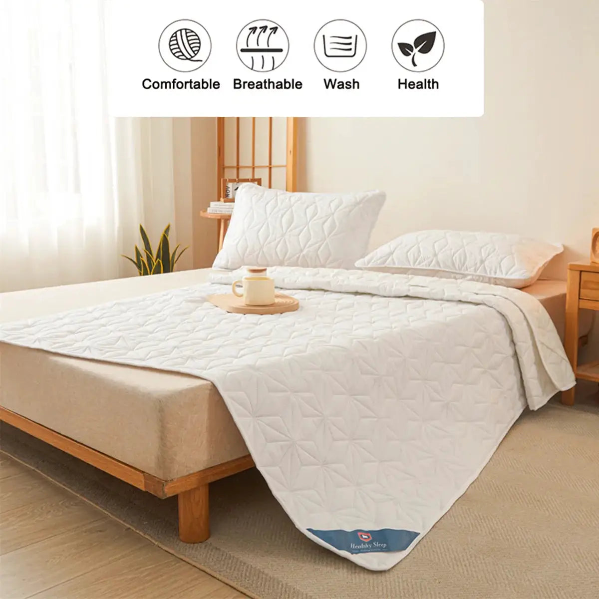 Waterproof mattress protector, breathable quilted cover with 4 elastic corner straps, fits up to 40 cm, Healthy Sleep.