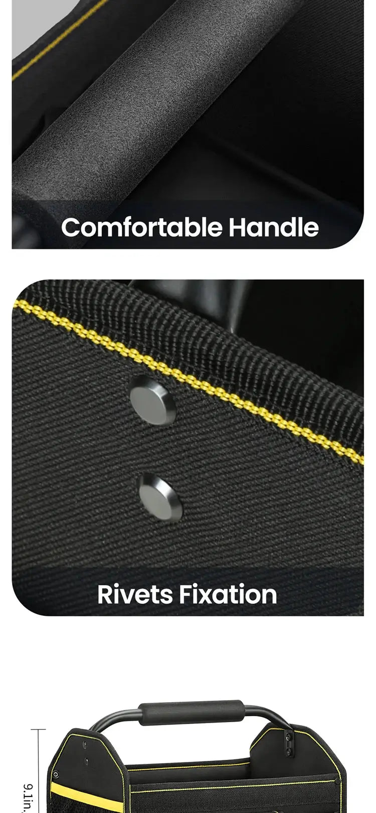 WINHUNT Tote Bag by Simples Market, black 10-pocket tool bag with yellow stitching and rivet fixings