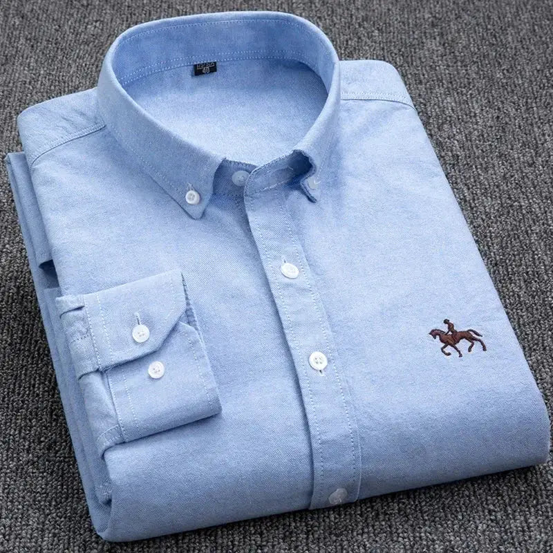 Men's light blue 100% cotton Oxford shirt, long sleeves, with small horse emblem