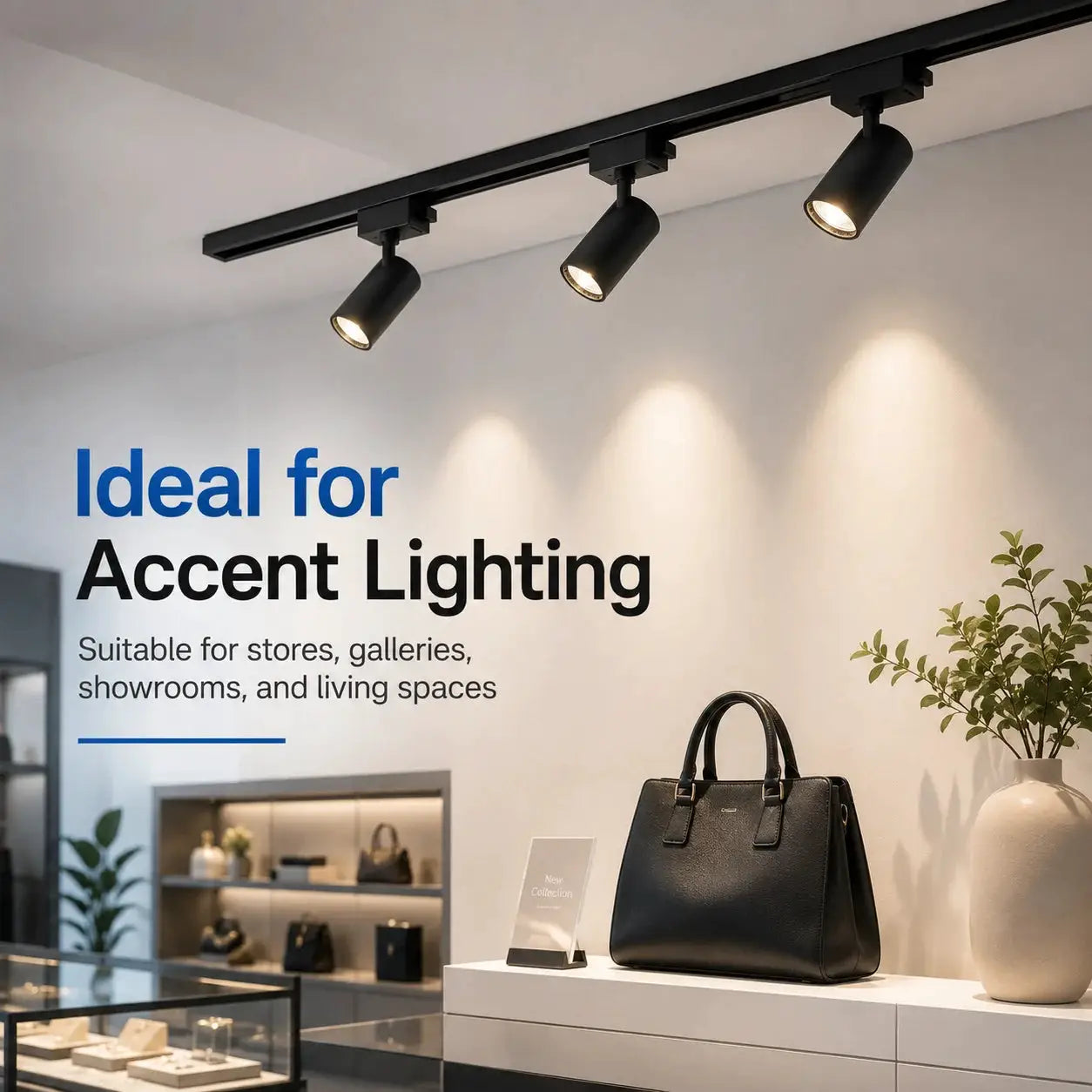 Four-light black LED track lighting kit with ceiling-mounted rail and adjustable spotlights.