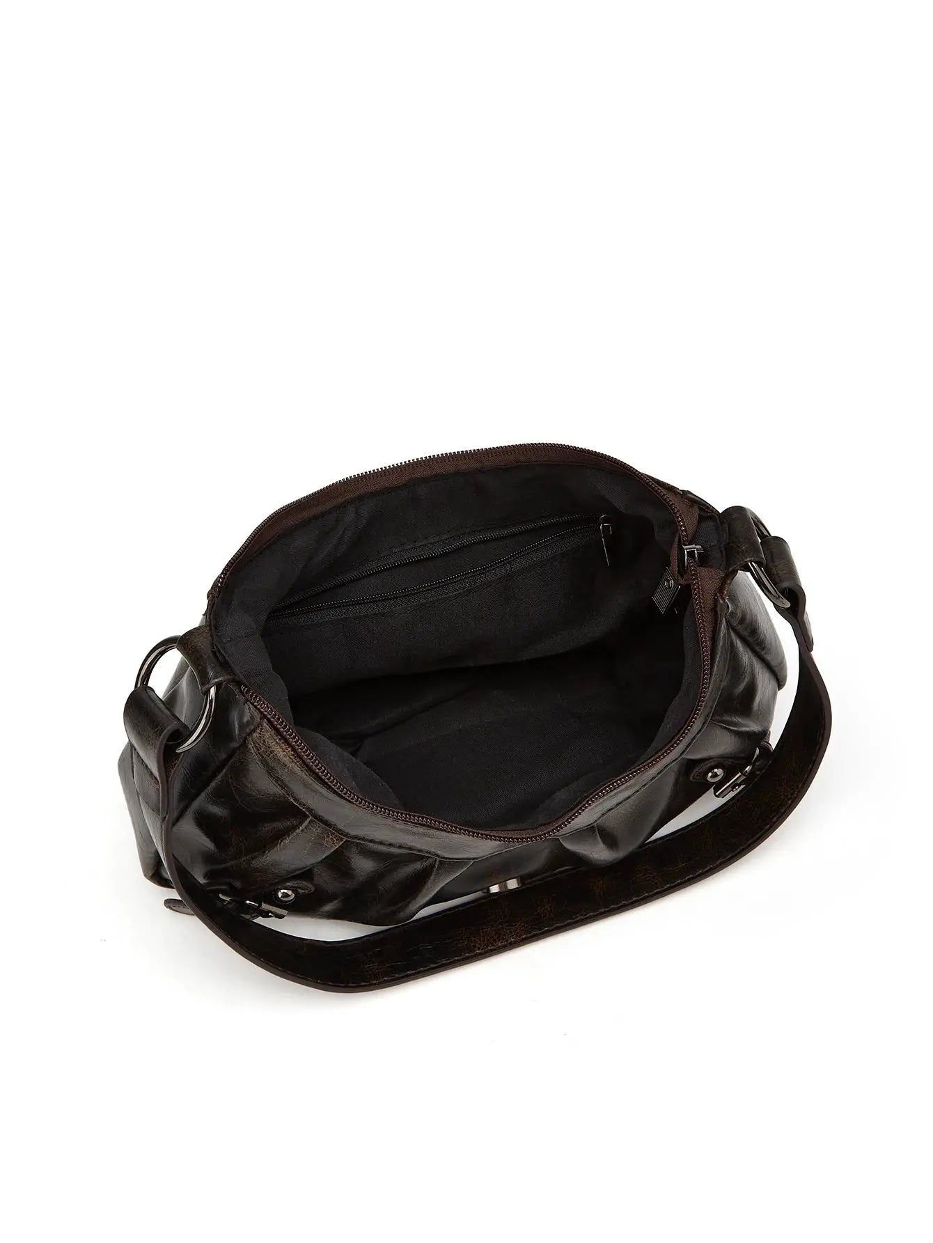 Y2K Retro Style Shoulder Bag by Simples Market, dark brown leather with rivet hardware and inner zip pocket