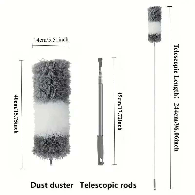 Dust duster with extension rod and microfiber brush; 3-piece grey telescopic cleaning set