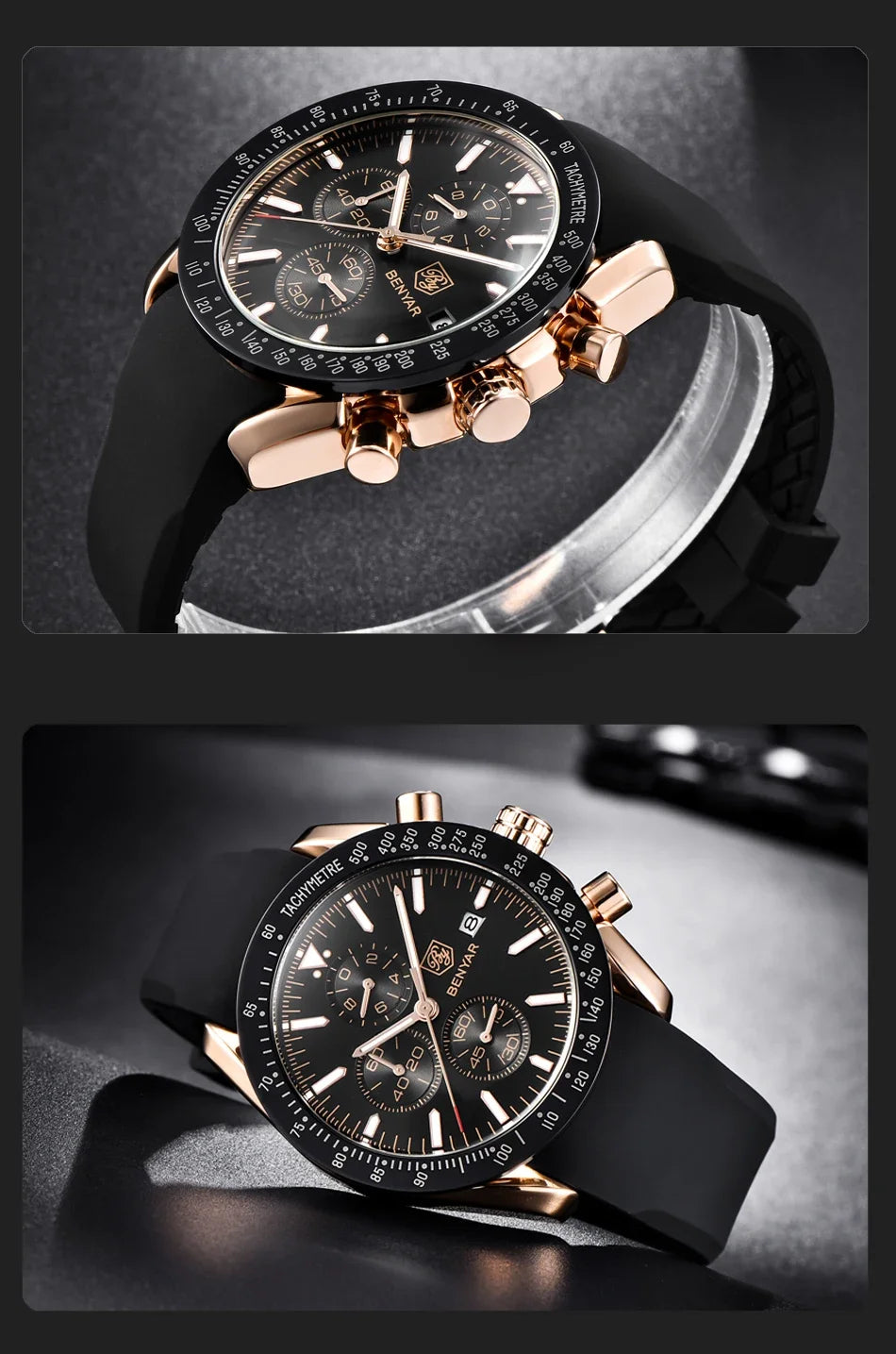 Men's BENYAR chronograph watch with black dial, rose-gold-tone case, and black silicone strap