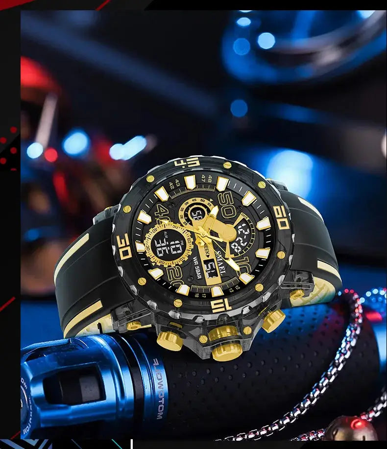Simples Market men's military sport watch, black and gold, 50m waterproof with LED light and stopwatch