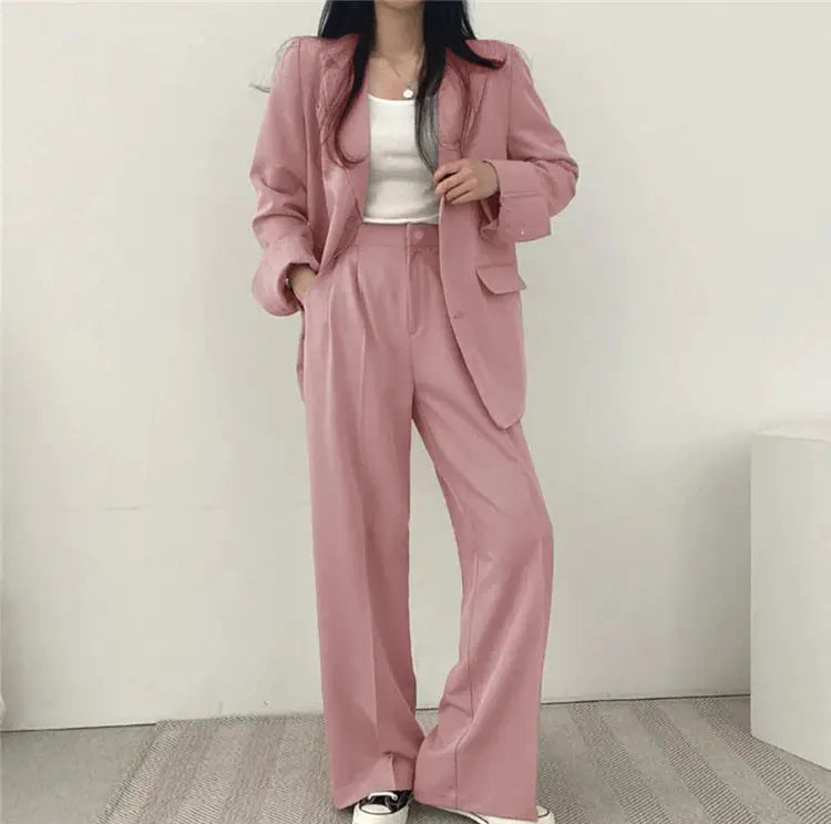 Pink long-sleeve blazer and matching wide-leg pants 2-piece women's outfit set