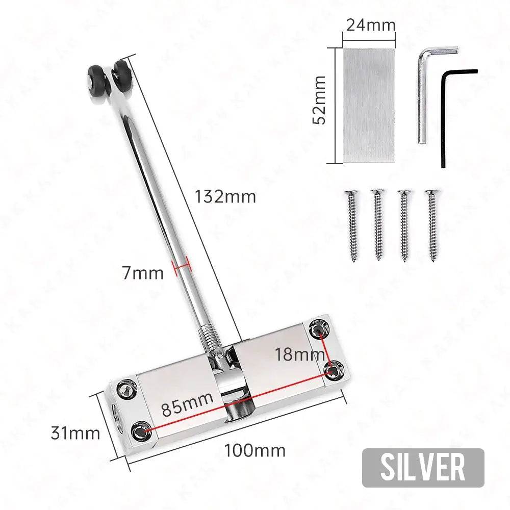 Stainless steel automatic door closer with adjustable arm, mounting plate, screws, and Allen key in silver