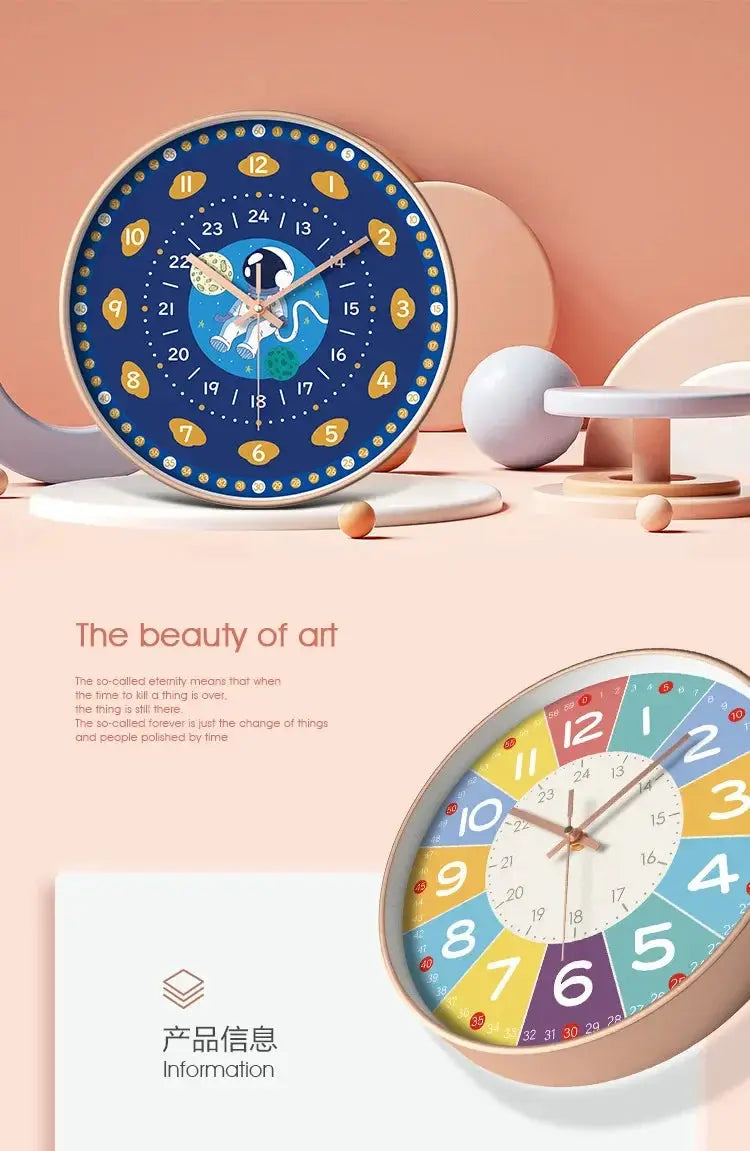 Silent teaching time clock set for kids; two 8-inch analog wall clocks, navy blue with gold numbers and a colorful face.