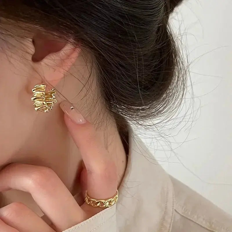 Irregular Wavy Pleated Hoop Earrings For Women Stainless Steel Gold Color Charm Dangle Jewelry Accessories Gift