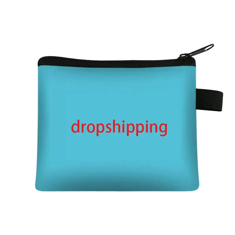 Coin purse in turquoise blue with black zipper and side strap, compact mini wallet