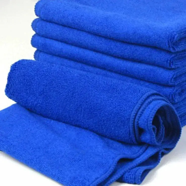 Microfiber towels set, blue, for car washing and home cleaning, rolled and stacked