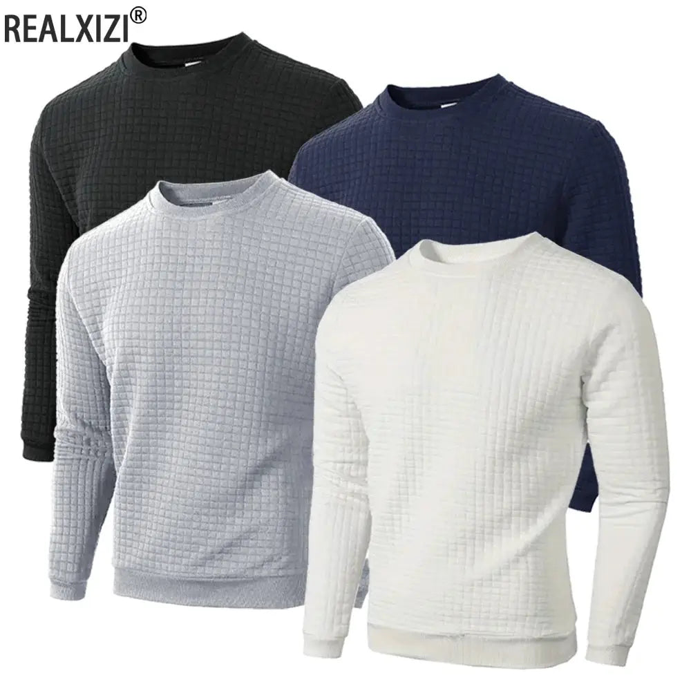 Men's crew-neck jacquard pullover set of four in black, navy, gray and white; REALXIZI logo visible