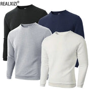 Men's crew-neck jacquard pullover set of four in black, navy, gray and white; REALXIZI logo visible
